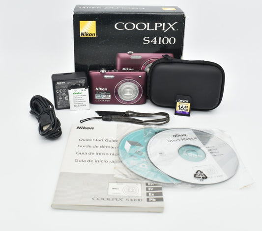 Nikon COOLPIX S4100 Plum Digital Camera 14MP 5x Optical Zoom - Bundle Tested ✅