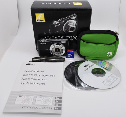 Nikon Coolpix L22 12MP 3.6x Zoom Black Digital Camera Bundle - TESTED WORKING ✅