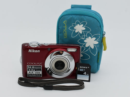 Nikon Coolpix L24 Red Compact Digital Camera 14MP 3.6x Zoom - Bundle Tested