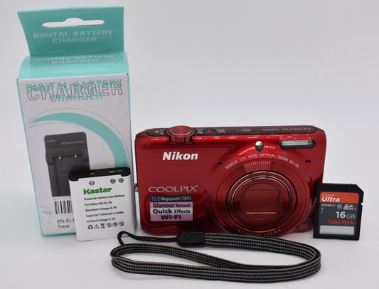 Nikon COOLPIX S6500 Red Compact Digital Camera 12x Zoom 16MP - Bundle Tested