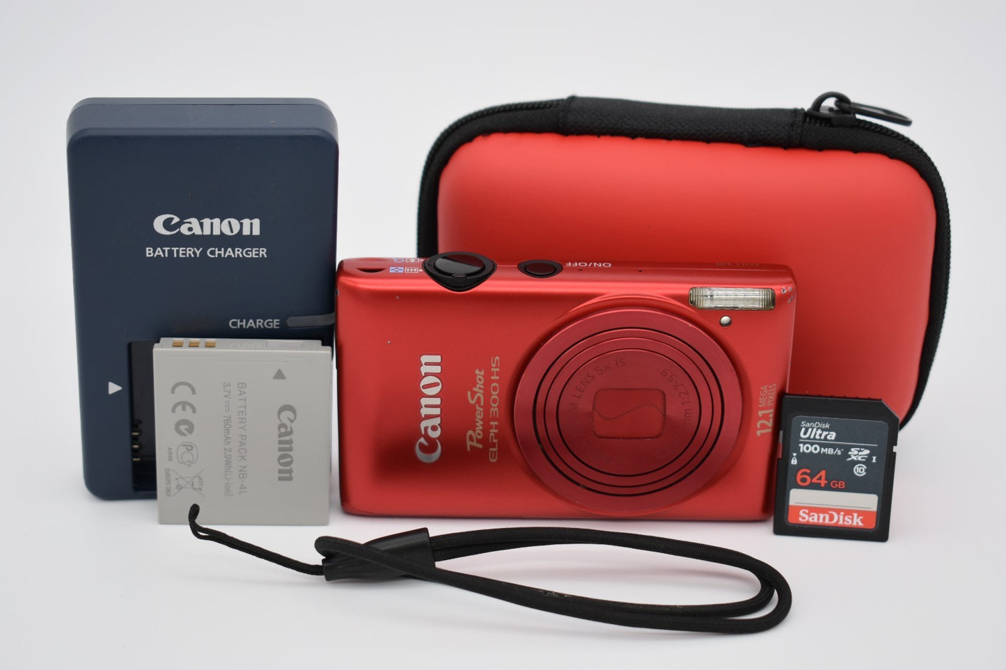 Canon PowerShot ELPH 300 HS 12.1MP Red Digital Camera Complete Bundle - TESTED ✅